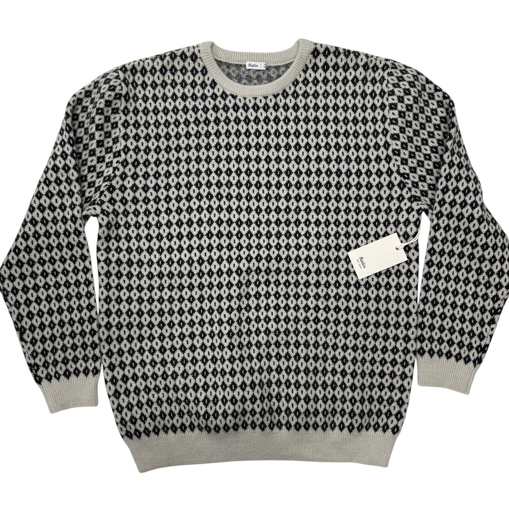 Katin Check Sweater Mens Medium Black Wash Geometric Diamond Knit Crewneck NWT